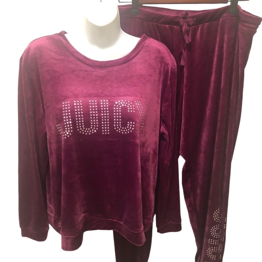 Juicy Couture Soft Velvet Bling Top & Jogger Lounge Set Sz L Purple Embellished - Picture 3 of 7